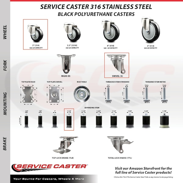 Service Caster 3 Inch 316SS Black Polyurethane Wheel Swivel 1-1/8 Inch Expanding Stem Caster SCC-SS316EX20S314-PPUB-BLK-118 - main